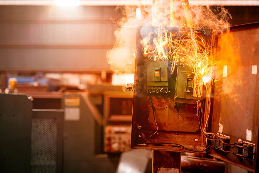 Electrical fire erupting from an overloaded control panel inside a factory, highlighting the dangers of industrial fire hazards and poor maintenance practices in workplace safety history.