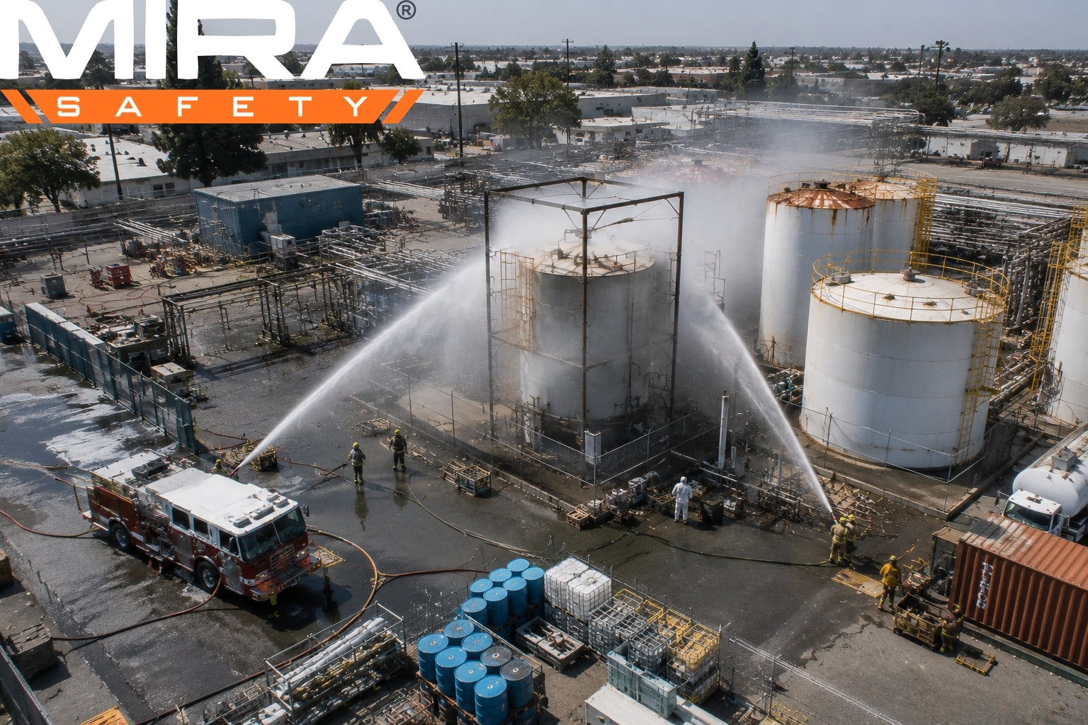 chemical tank being sprayed by firefighters with water. Credit: Ev Buchanan