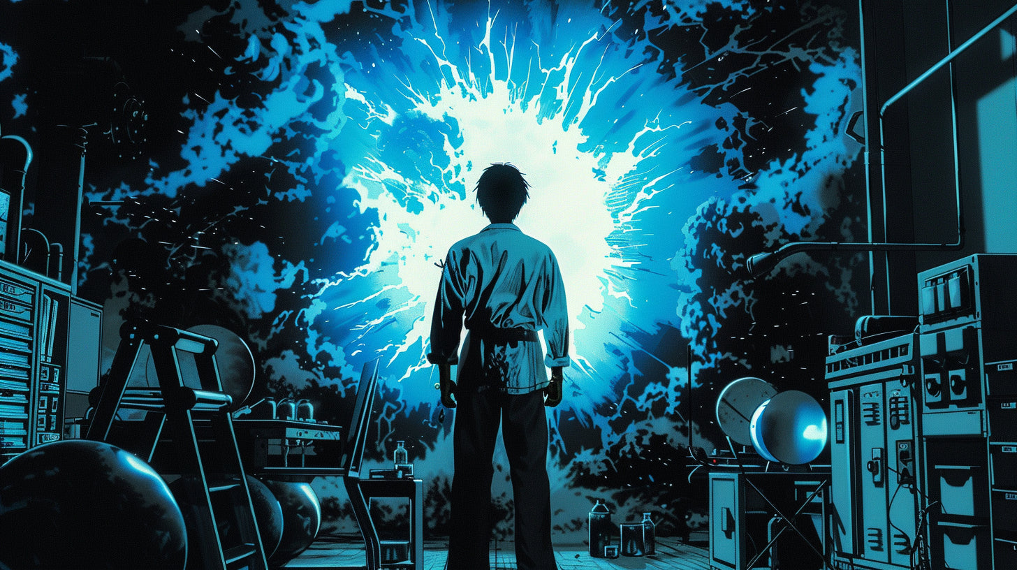 an 70's pulp poster of Hisashi Ouchi during the nuclear accident