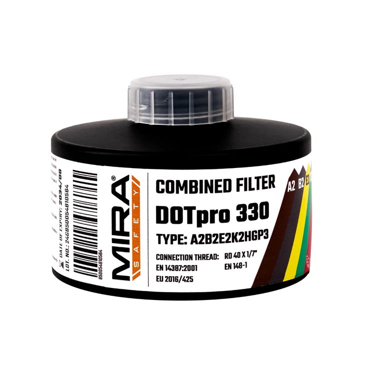 Front close up shot of the DOTpro 330 combined filter, with the MIRA Safety logo in view on the label.