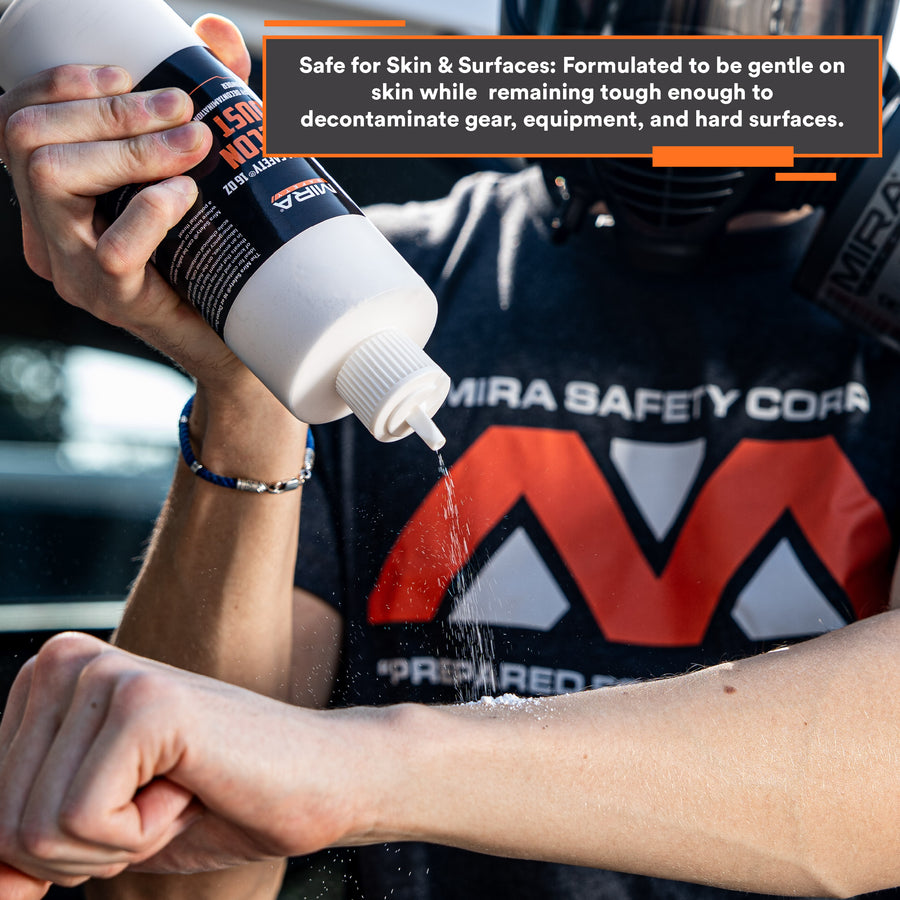 person applying DeconDust™ to their wrist to show safety