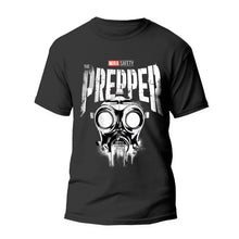 Close up, front view of The Prepper T shirt in black, regular cut.