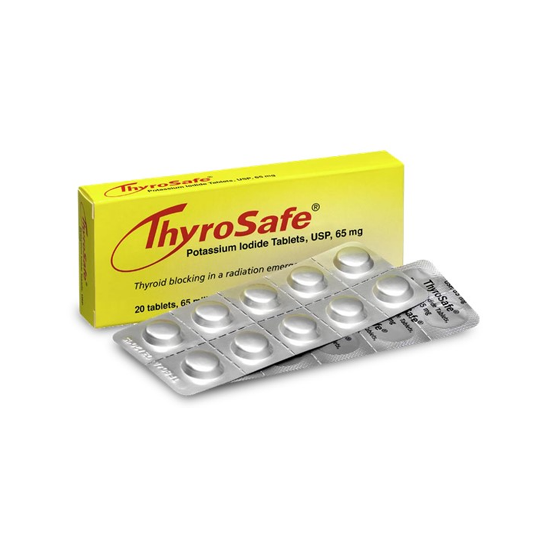Blister pack of Thyrosafe Potassium Iodide Tablets with yellow and green packaging, indicating 65 mg dosage, with 20 tablets per pack.