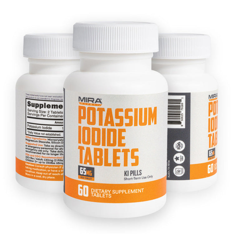 Three bottles of MIRA Potassium Iodide Tablets on a white background