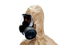 Side view of a man with a HAZMAT suit and the NBC-77 SOF CBRN gas mask filter