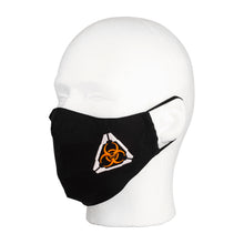 Three quarter view of the MIRA Safety Mask with biohazard insignia on a mannequin head
