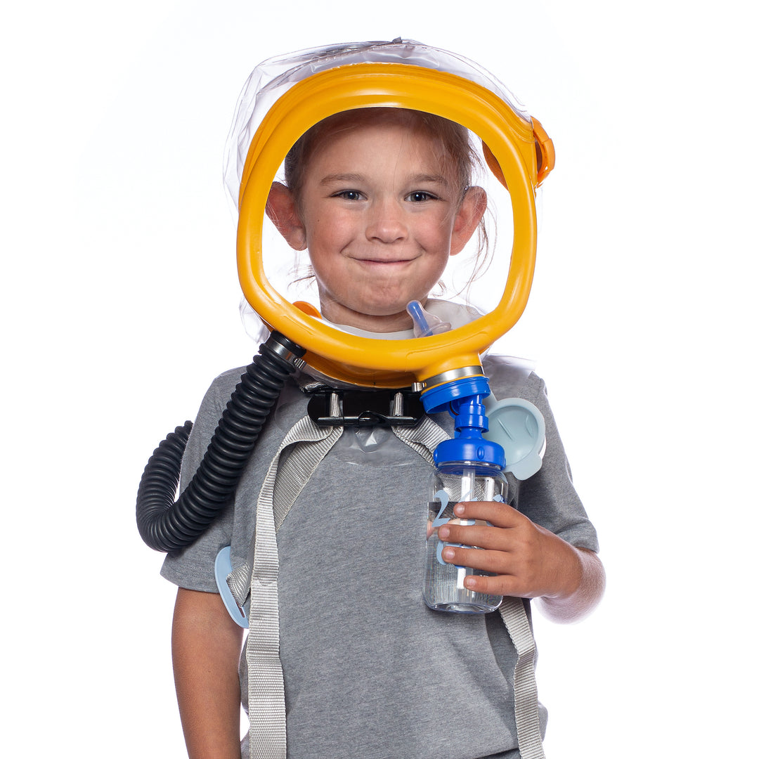 Child smiling while wearing the MD-2 Child Escape Respirator