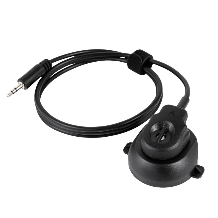 Black communication cable with 3.5mm audio jack and control module for MIRA Safety gas masks.