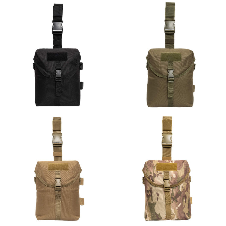Four tactical pouches in black, brown, and camouflage on a white background