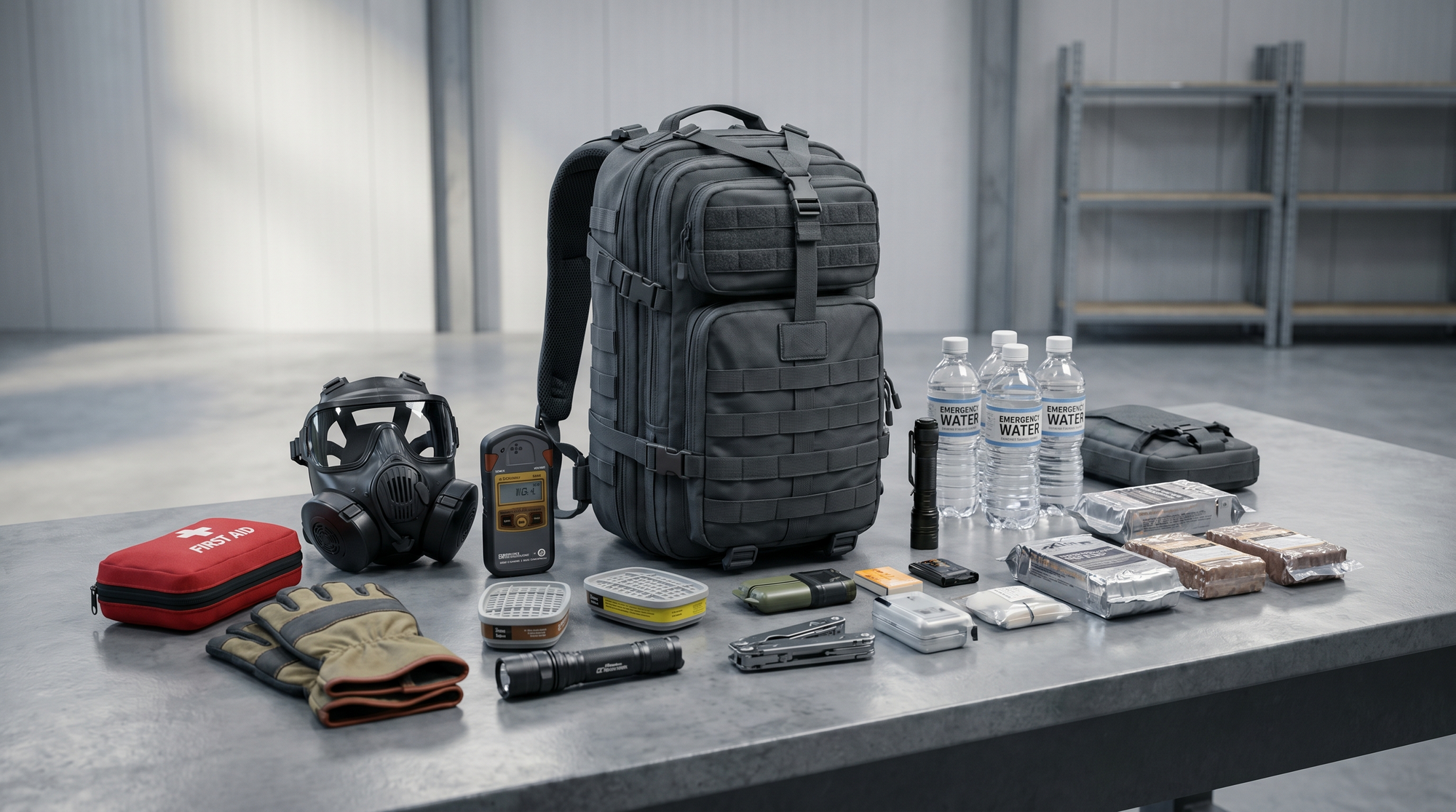 Modern bug-out backpack neatly laid out in a clean emergency preparedness setting