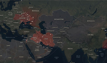 world map highlighting geopolitical tension zones in Ukraine, the Middle East, and the Taiwan Strait, with subtle military overlays such as arrows, naval routes, and troop markers.