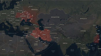 world map highlighting geopolitical tension zones in Ukraine, the Middle East, and the Taiwan Strait, with subtle military overlays such as arrows, naval routes, and troop markers.