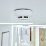 a modern carbon monoxide detector mounted in a home hallway with a family/home environment in soft focus.