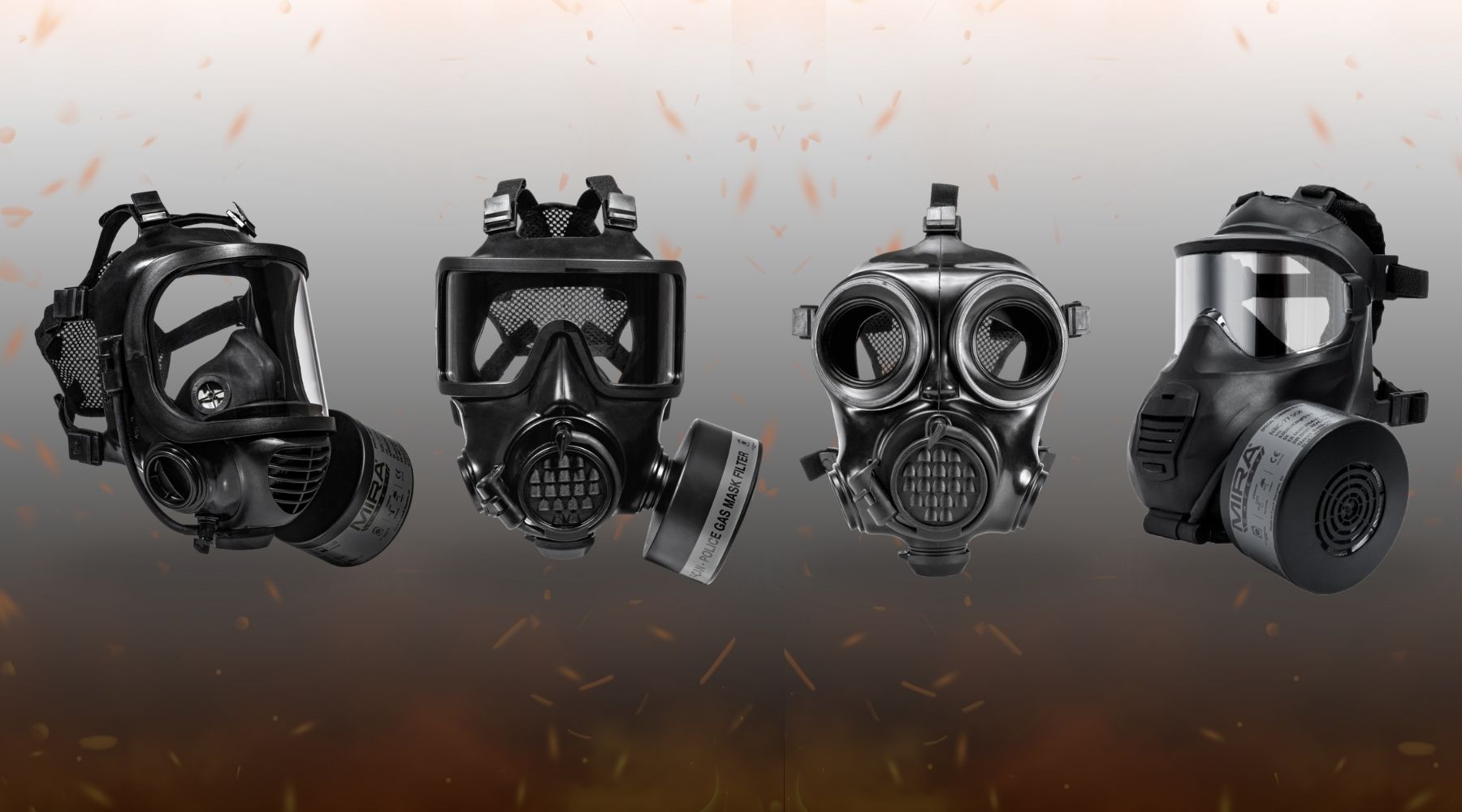 Types of gas masks from MIRA Safety: half-face TAPR, full-face CM-6M, CM-7M, CM-8M, and C21 respirators