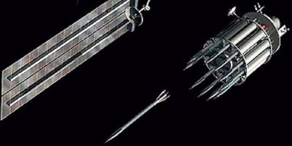 High-tech military satellite concept featuring kinetic energy weapons designed to launch tungsten rods from orbit for ground-based target destruction.