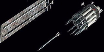 High-tech military satellite concept featuring kinetic energy weapons designed to launch tungsten rods from orbit for ground-based target destruction.