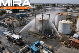 chemical tank being sprayed by firefighters with water. Credit: Ev Buchanan