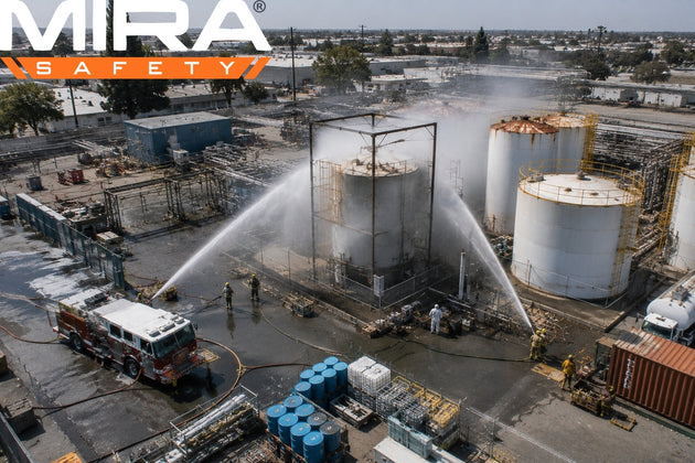 chemical tank being sprayed by firefighters with water. Credit: Ev Buchanan