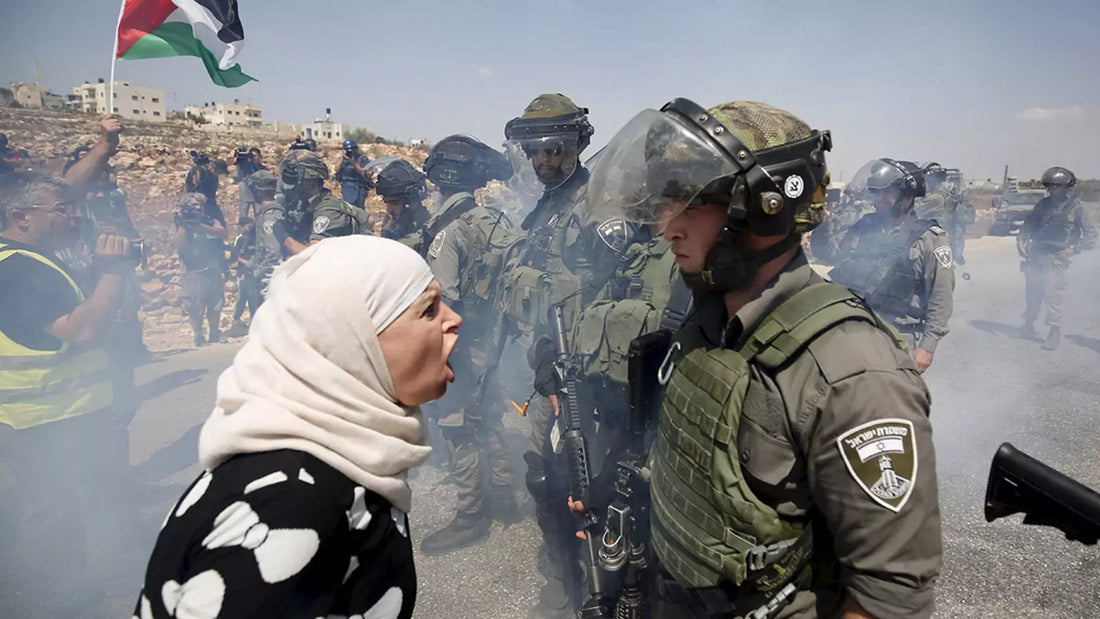 A Palestinian woman expresses anger towards an IDF soldier, who remains unfazed