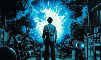 an 70's pulp poster of Hisashi Ouchi during the nuclear accident 