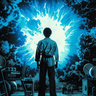 an 70's pulp poster of Hisashi Ouchi during the nuclear accident 