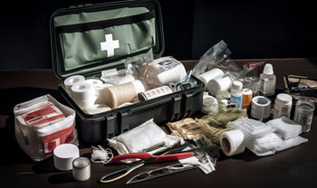 Tactical first aid kit with medical supplies in a rugged green case for emergency preparedness and survival.