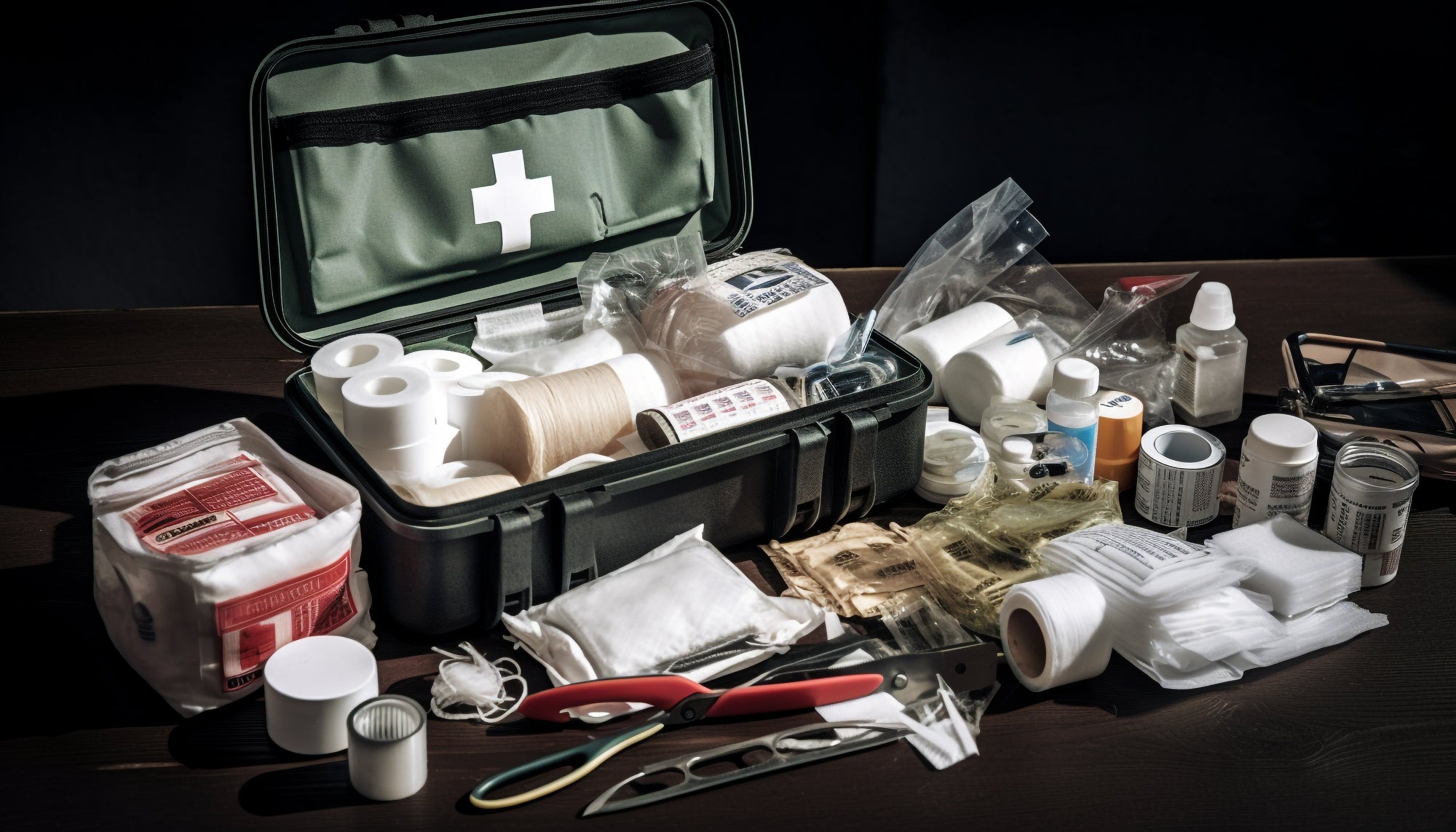 Tactical first aid kit with medical supplies in a rugged green case for emergency preparedness and survival.