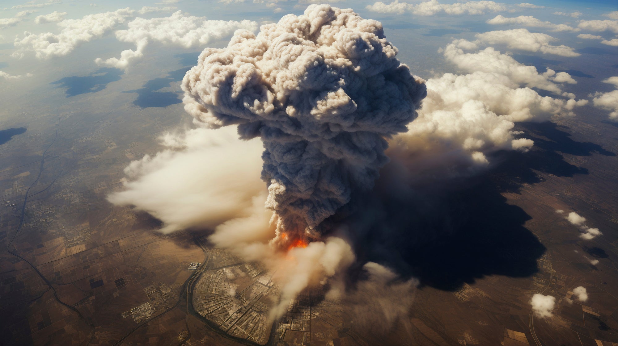 Large explosion with a towering mushroom cloud of smoke and fire rising over a city, creating an apocalyptic scene. Thick plumes of dark smoke extend into the sky, symbolizing disaster and destruction.