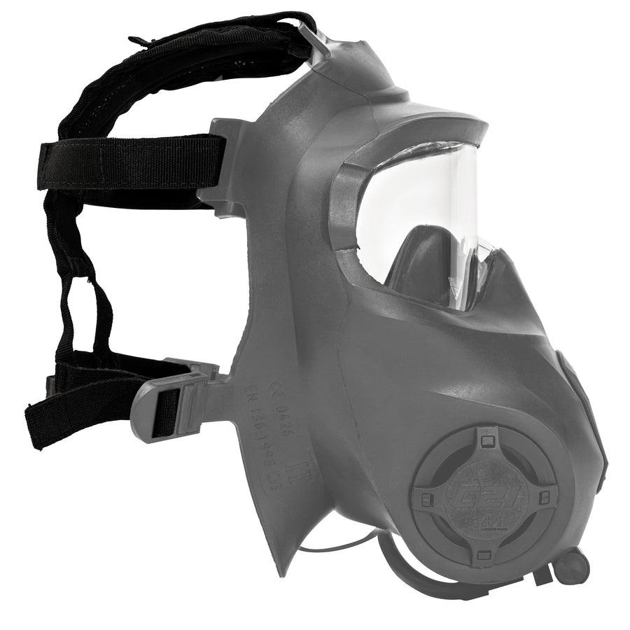 A head harness displayed without the face piece of the c21 gas mask