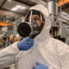 A 3/4 side shot of a man zipping up a HAZMAT suit and wearing the CM-I01 respirator with a NBC-77 SOF filter attached.