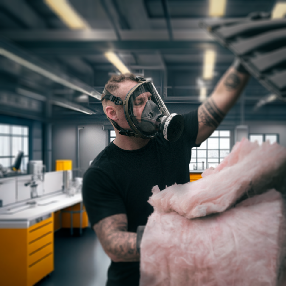 Man clearing out insulation fiberglass while wearing a CM-I01 respirator.