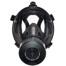 Front, medium shot of the CM-I01 respirator in black with a NBC-77 SOF filter attached.