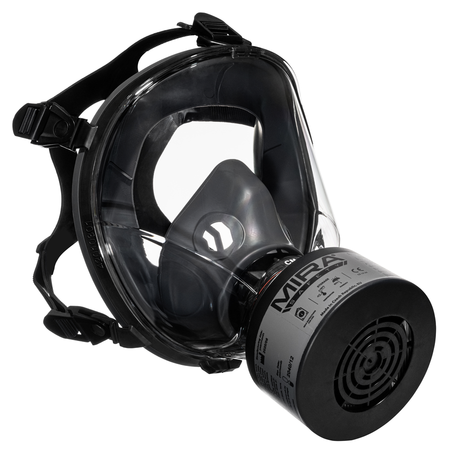3/4 right side medium shot of the CM-I01 respirator in black with a NBC-77 SOF filter attached.