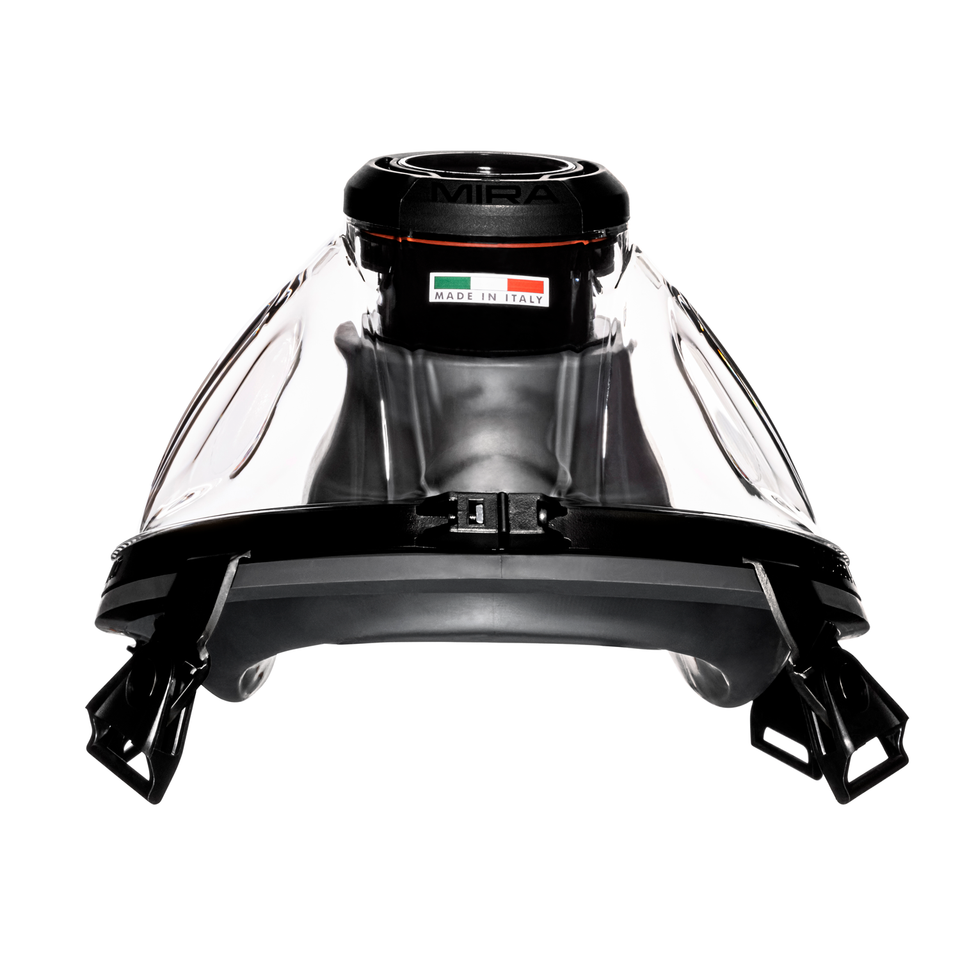Top down view of the front of the CM-I01 respirator in black.