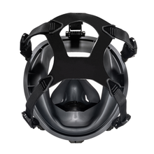Medium shot of the back side of the CM-I01 respirator in black, with its 5 point head harness in view.