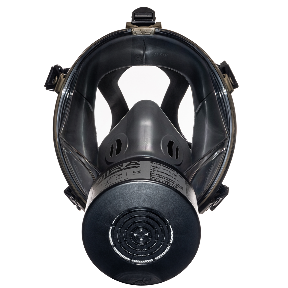 Front, medium shot of the CM-I01 respirator in green with a NBC-77 SOF filter attached.