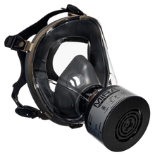 3/4 right side medium shot of the CM-I01 respirator in green with a NBC-77 SOF filter attached.