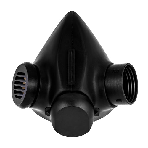 Close up, center shot of the front of the TAPR half face respirator, configured with the filter port on the left side, meant for right handed users.