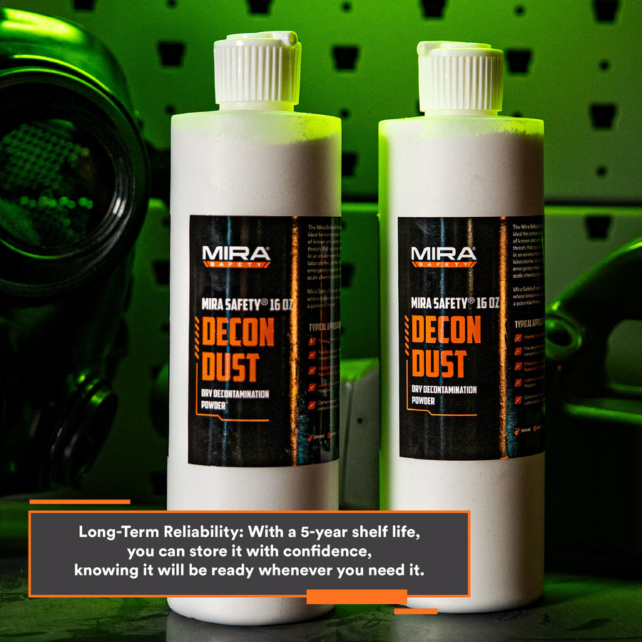 two bottles of DeconDust™ with gas mask in the background