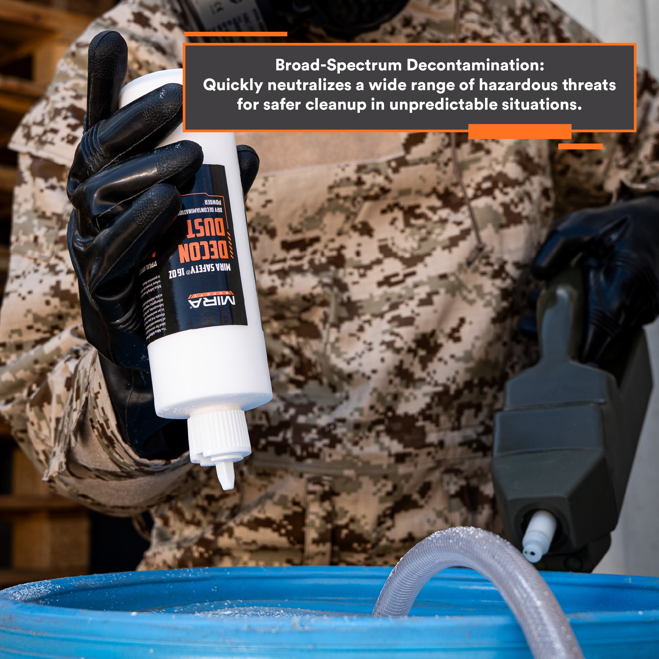 person adding DeconDust™ to a barrel of liquid