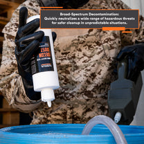 person adding DeconDust™ to a barrel of liquid