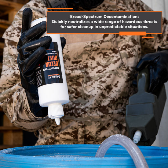 person adding DeconDust™ to a barrel of liquid