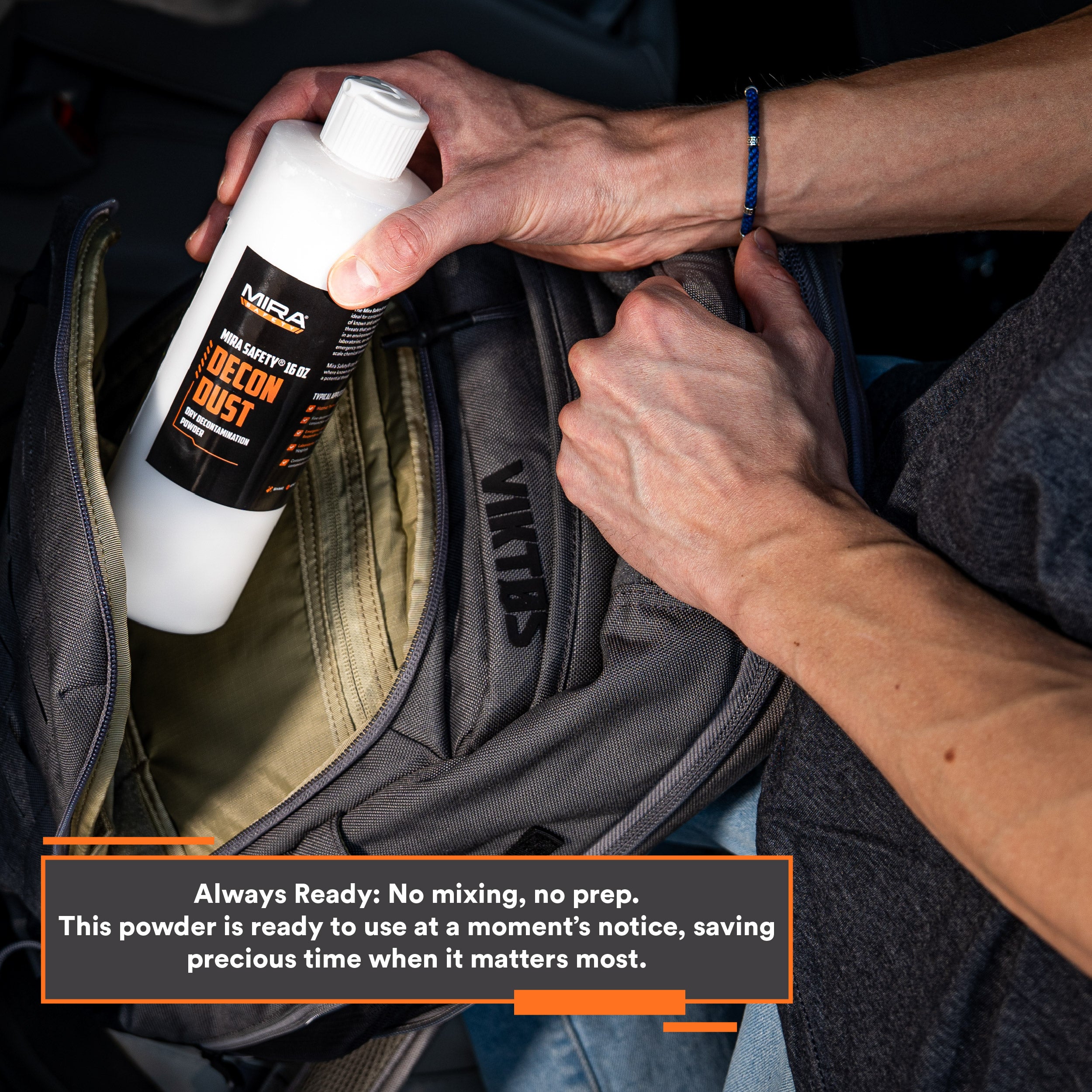 man removing DeconDust™ powder from backpack during emergency