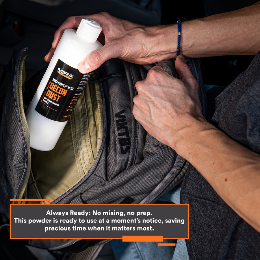 man removing DeconDust™ powder from backpack during emergency