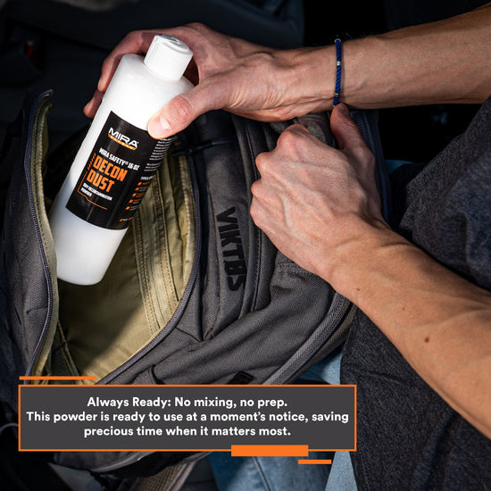 man removing DeconDust™ powder from backpack during emergency