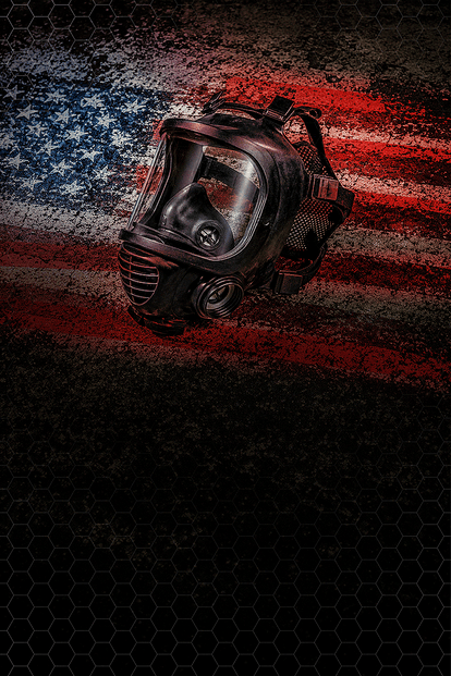 A black full-face protective mask with a clear visor and filter ports, shown against a distressed American flag background with a dark hexagonal pattern at the bottom.