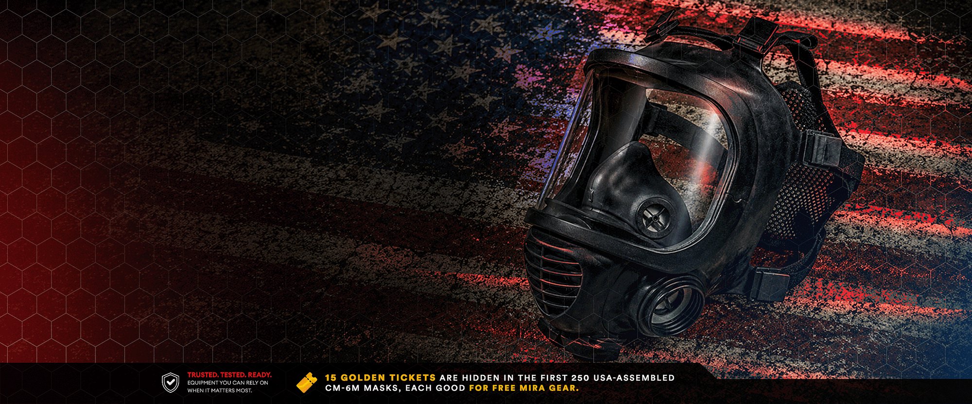 A black full-face tactical mask with a clear visor is shown against a distressed American flag background with red and blue tones. A black banner at the bottom contains promotional text and a small logo.