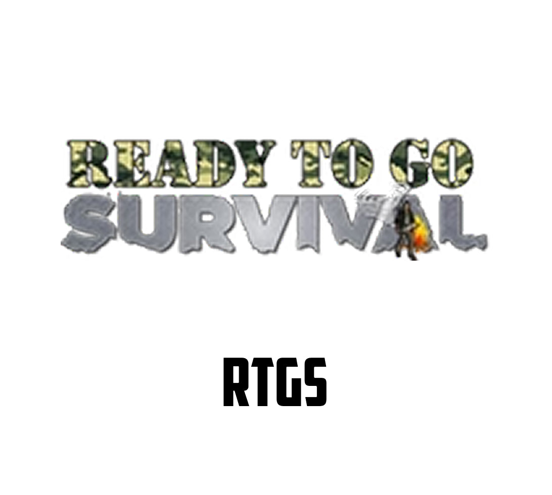 Text 'READY TO GO SURVIVAL' with 'RTGS' below on a white background