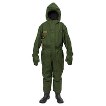 Green hooded coverall with brown accents on a white background