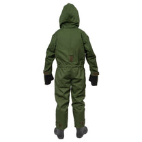 Green waterproof suit with hood on a white background